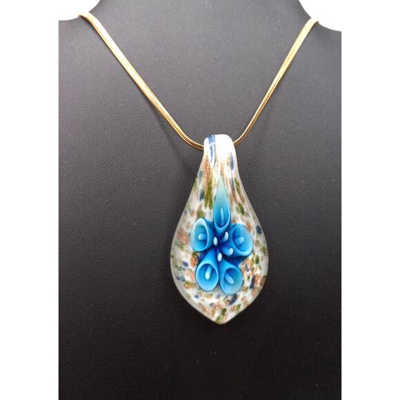 Blue Floral Lampwork Glass Pendant Necklace on Stainless Steel Chain 18" - Picture 1 of 3